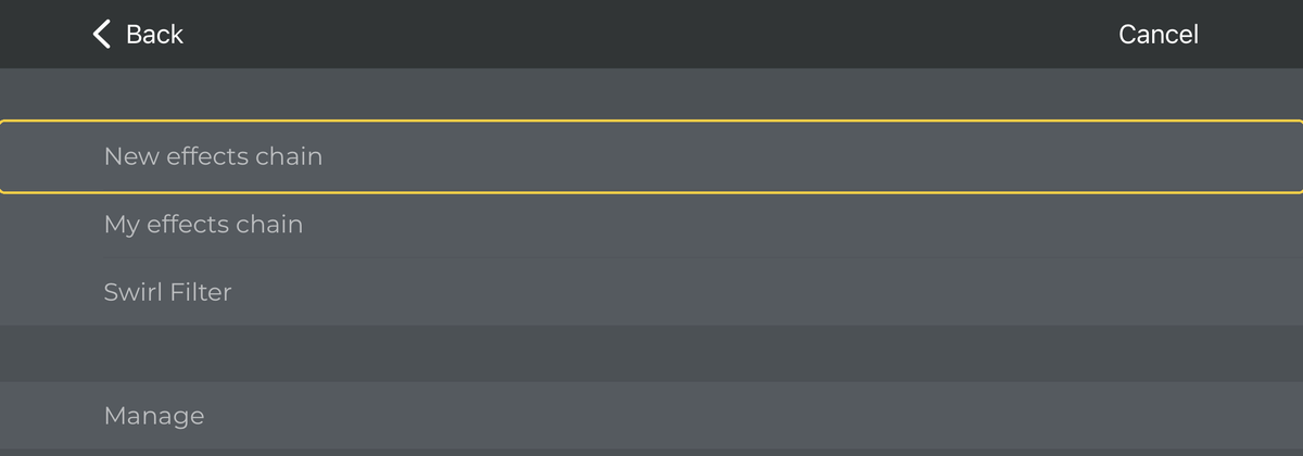 The Effects chains list with New effects chain highlighted