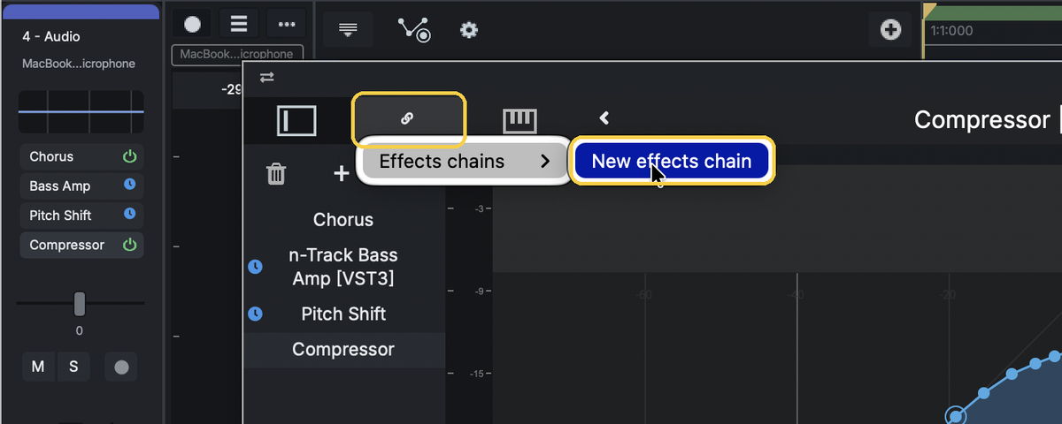 The chain icon menu with Effects chains, New effects chain highlighted