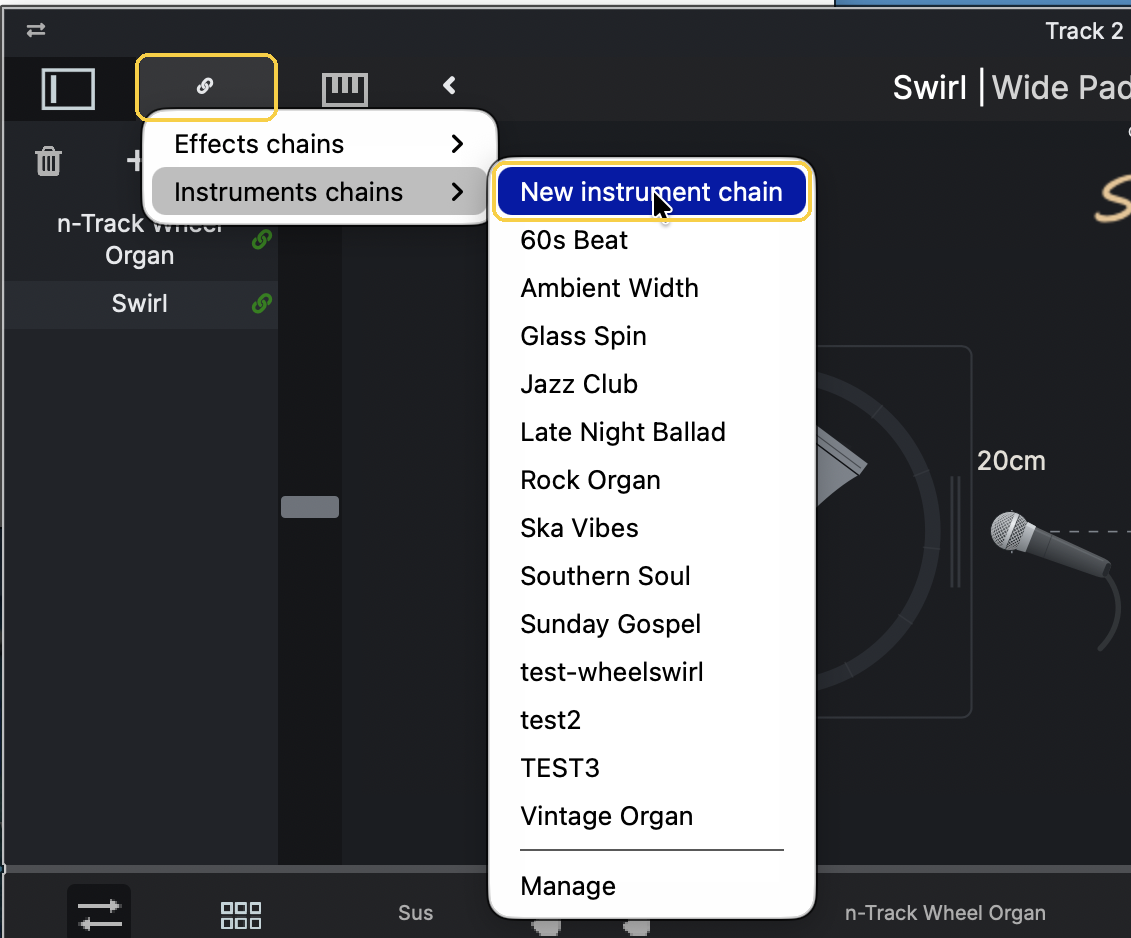 The chain icon menu with Instruments chains, New instrument chain highlighted