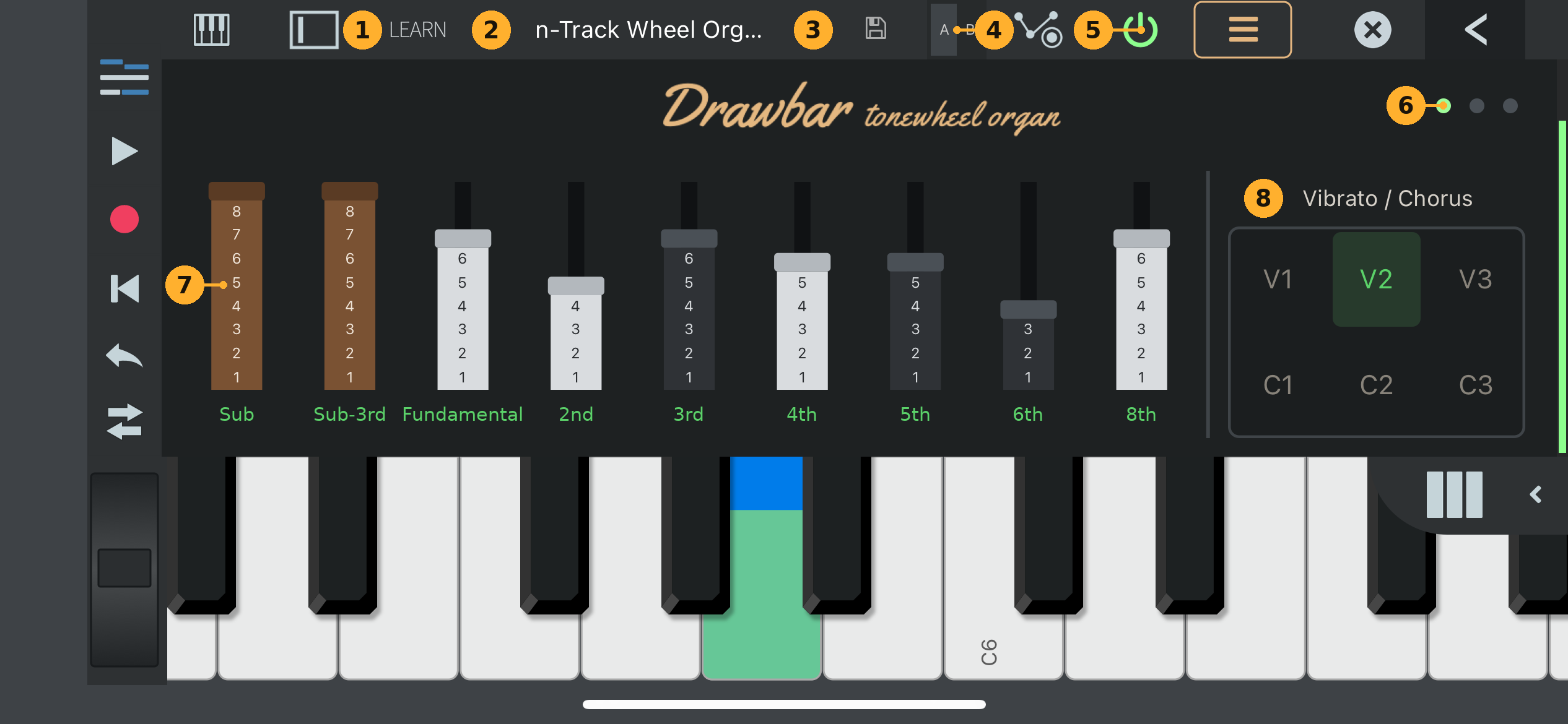 Drawbar's first page with its controls numbered 1 to 8