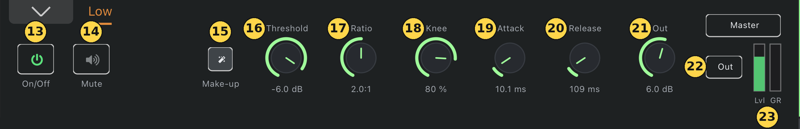The band controls for the Low band, numbered 13 to 23