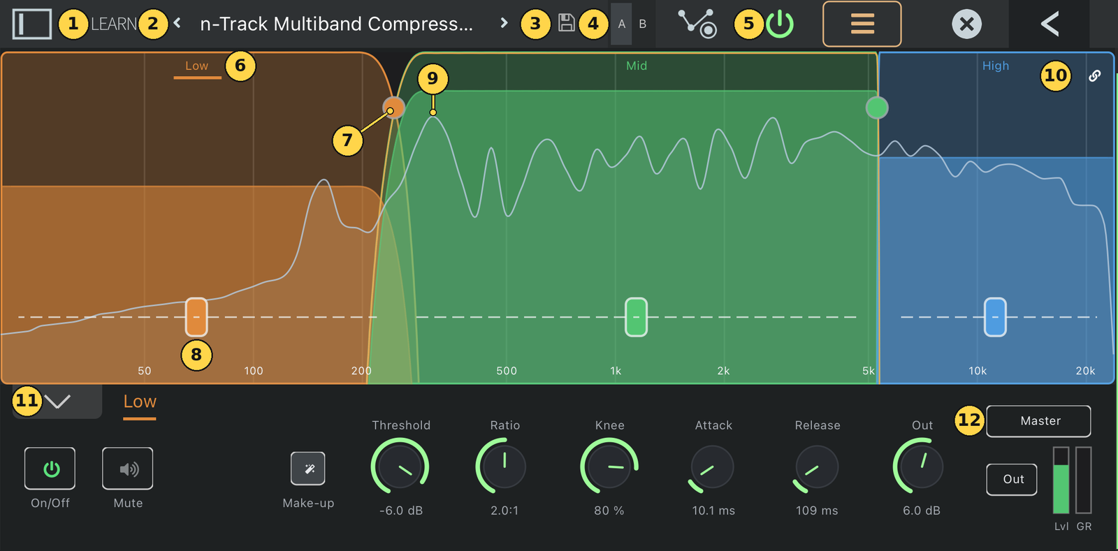Multiband Compressor with three bands and the Low band selected, controls numbered 1 to 12