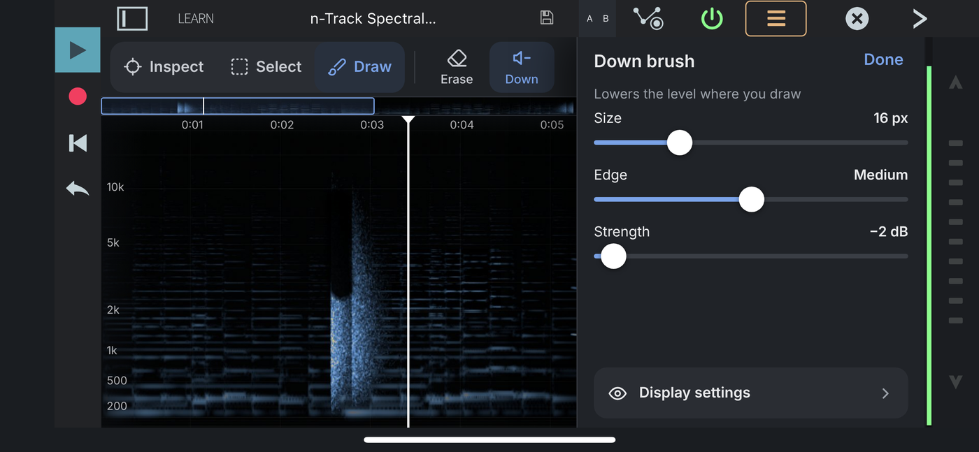 The Settings panel in Draw mode for the Down brush, with Size, Edge and Strength