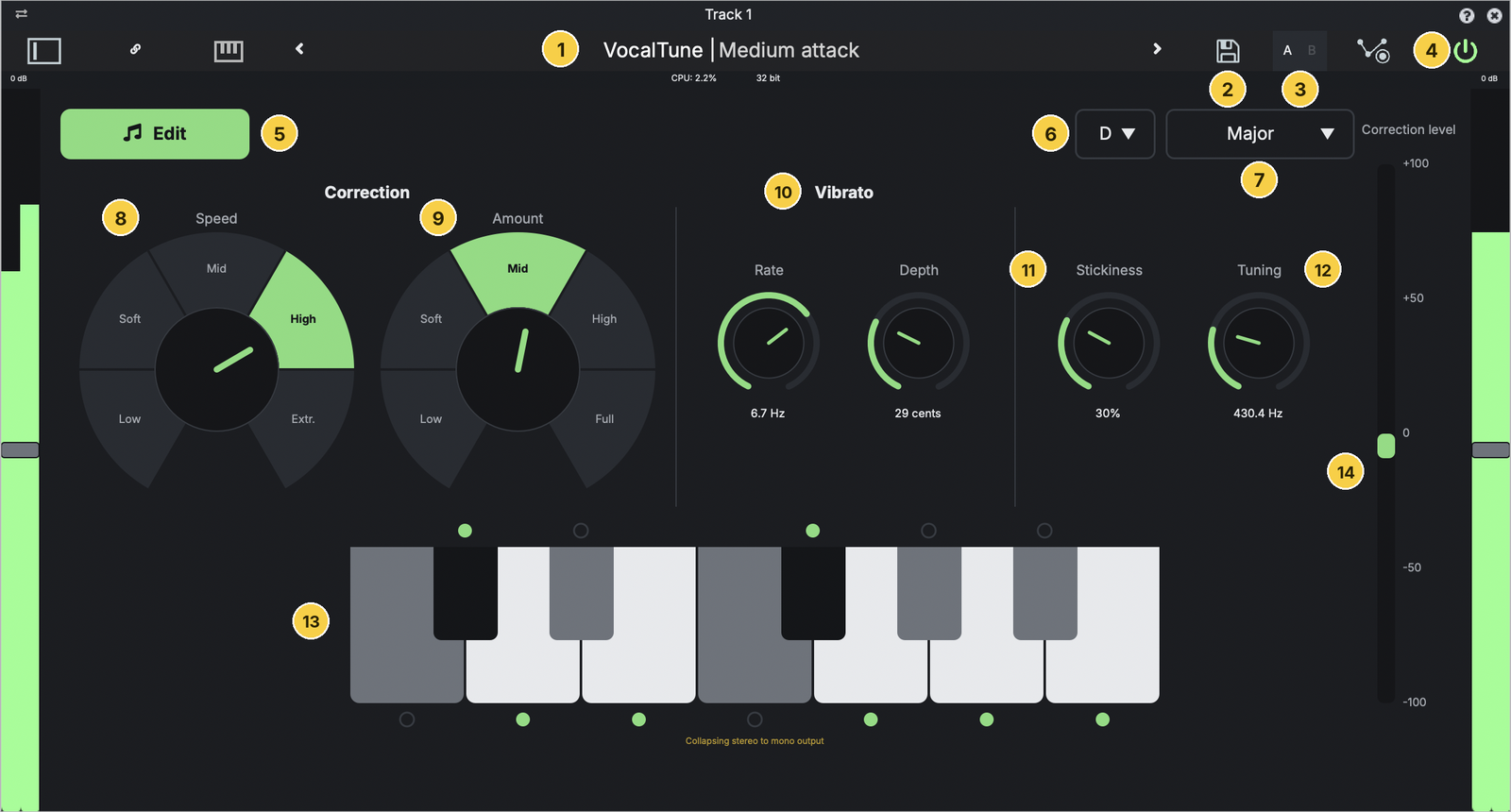 VocalTune's main screen with its controls numbered 1 to 14